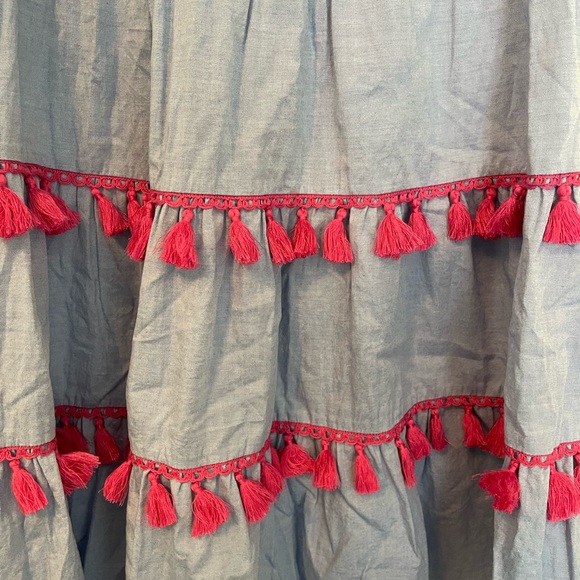 Eliza J Blue Chambry Pink Tassel Sleeveless tiered fit and flare dress.  Size 4 - Picture 2 of 5